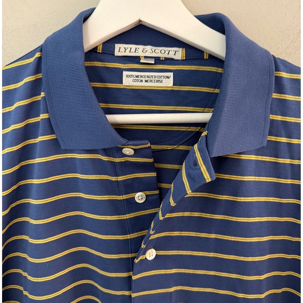 Lyle & Scott Mens Large Blue Gold Striped Mercerized Cotton Polo Shirt CA00313‎